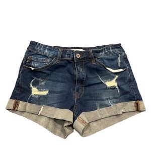 KanCan Women's Blue Denim Distressed Cuffed Cut Off Shorts Size 28